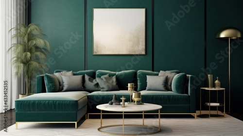 Front view of a modern luxury living room in green colors. Painting on the wall, corner sofa with cushions, coffee table, green plant in floor pot, floor light. Mockup, 3D rendering.
