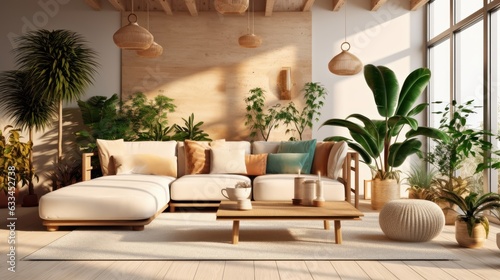 Cozy elegant boho style living room interior in natural colors. Comfortable corner couch with cushions, many houseplants, wooden coffee table, rug on wooden floor, home decor. 3D rendering.