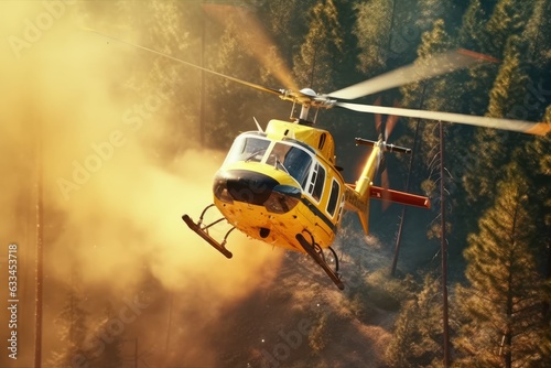 Rescue firefighting helicopter extinguishes a forest fire by dropping a large amount of water on a burning coniferous forest. Saving forests, fighting forest fires. Aerial top view. 3D rendering.