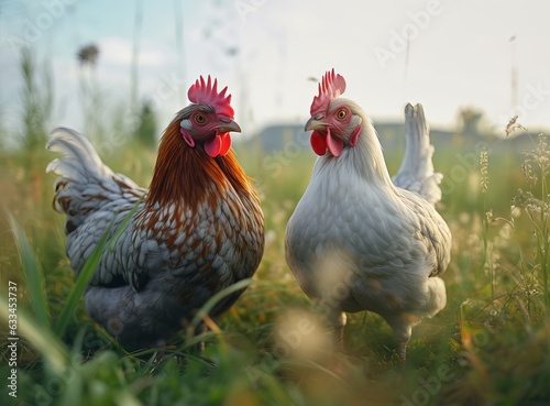 two chicken on green field near grass