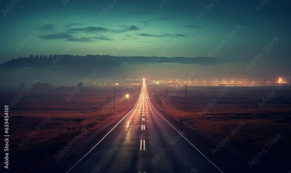 Classic night view of the road. Evening road after rain. Highway to city on sunset. For banner, postcard, book illustration, card. Created with generative AI tools