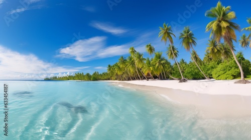Beautiful tropical beach banner. White sand and coco palms travel tourism wide panorama background concept. Amazing beach landscape Generative AI