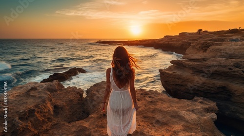 A stylish young woman traveler watches a beautiful sunset on the rocks on the beach, Cyprus, Cape Greco, a popular destination for summer travel in Europe Generative AI