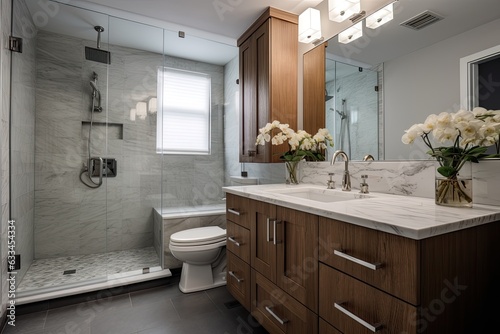 Fototapete Renovated bathroom featuring a wooden vanity cabinet, white marble sink, and spacious marble shower tiles