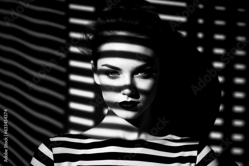Black and white photo of woman's face with shadow on the wall.