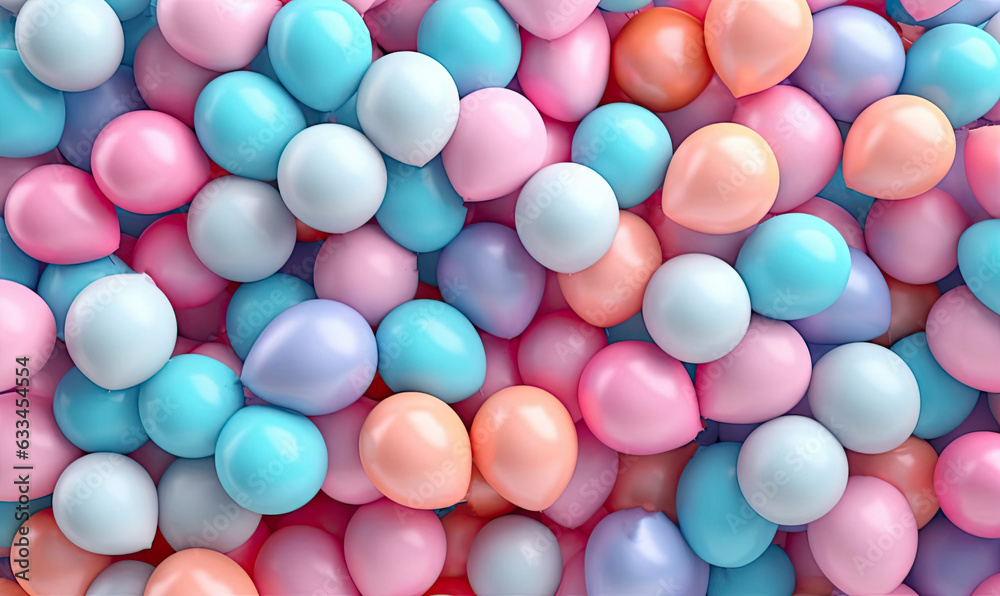 Multi colored balloons wallpaper. Festive background. Celebrating for kids. For banner, postcard, illustration. Created with generative AI tools