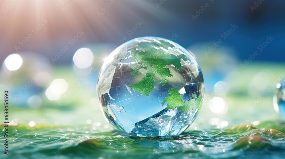 Transparent crystal sphere filled with sunlight on water surface with blurred background. Glass globe with continents outlines. Protection of water resources concept. Environmental care. 3D rendering. Transparent crystal sphere filled with sunlight on water surface with blurred background. Glass globe with continents outlines. Protection of water resources concept. Environmental care. 3D rendering.