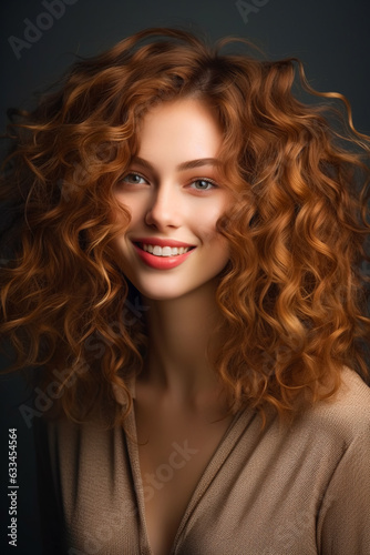 Close up of woman with red curly hair and smile on her face.