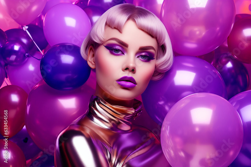 Image of woman with purple makeup and purple balloons in the background. © valentyn640