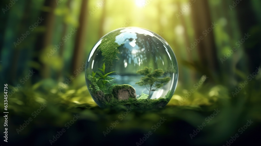 Transparent crystal sphere in a green forest filled with sunlight. Grass, trees and water are reflected in the glass globe. Protection of water resources concept. Environmental care. 3D rendering. Transparent crystal sphere in a green forest filled with sunlight. Grass, trees and water are reflected in the glass globe. Protection of water resources concept. Environmental care. 3D rendering.