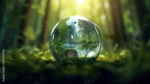 Transparent crystal sphere in a green forest filled with sunlight. Grass, trees and water are reflected in the glass globe. Protection of water resources concept. Environmental care. 3D rendering.