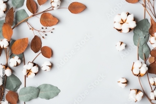 Autumn composition. Frame made of eucalyptus branches, cotton flowers, dried leaves on pastel gray background. Autumn, fall concept. created generative ai.