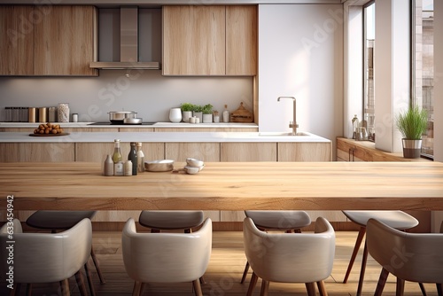 A rendering of a modern contemporary kitchen room with a wooden table top against a blurred background.