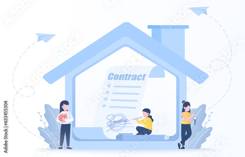 Mortgage real estate contract. Business people signing signatures to buy or rent property using a mortgage. Flat vector design illustration.