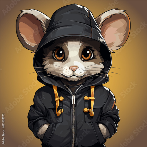 Cartoon mouse wearing black jacket and hoodie with hoodie on.