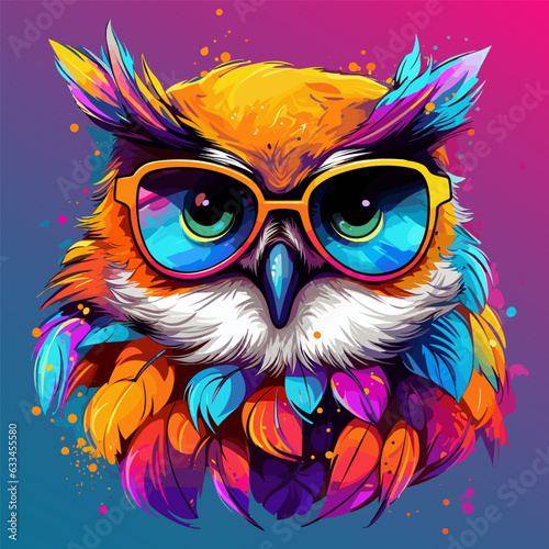 Colorful owl with glasses and mustache on blue and pink background.