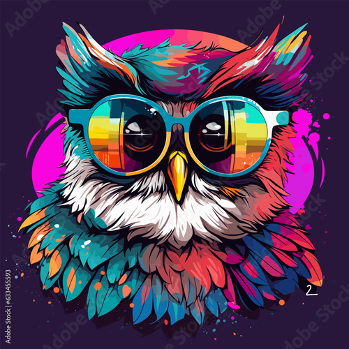 Colorful owl with glasses on it's head and purple background.