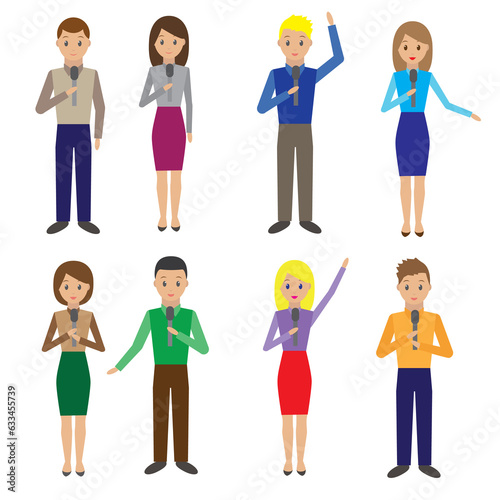 Set of people speaking into the microphone. Illustration on transparent background