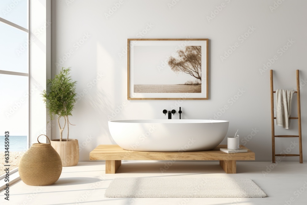 Photo of contemporary white bathroom with bathtub and home decor on wooden table. Photo of contemporary white bathroom with bathtub and home decor on wooden table.