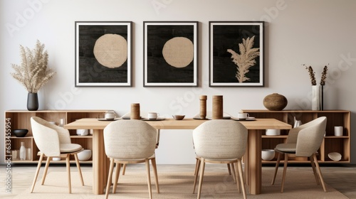Stylish open space dining room interior in a modern apartment. Wooden table with design chairs, tableware, posters on the wall, commodes, home decor. Mockup, 3D rendering.