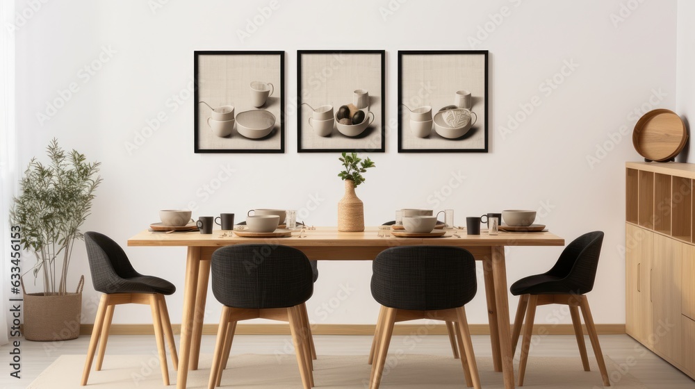 Fototapeta premium Stylish open space dining room interior in a modern apartment. Wooden table with design chairs, tableware, posters on the wall, commode, green plant in floor pot, home decor. Mockup, 3D rendering.