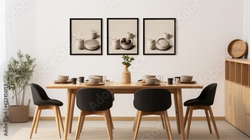 Stylish open space dining room interior in a modern apartment. Wooden table with design chairs, tableware, posters on the wall, commode, green plant in floor pot, home decor. Mockup, 3D rendering. © Georgii