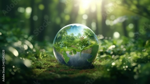 Transparent crystal sphere in a green forest filled with sunlight. Grass  trees and water are reflected in the glass globe. Protection of water resources concept. Environmental care. 3D rendering.