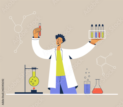 Young chemist with beakers, laboratory tube. Scientist is experimenting. Man researcher in uniform busy in lab