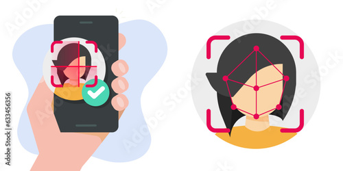 Face biometric id scan icon vector and mobile cell phone person facial recognition identification security technology authorization access illustration, identity scanner on cellphone smartphone image