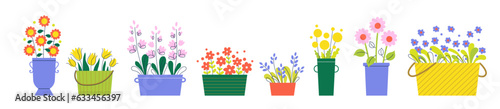 Set of colored vases, flowerpots, buskets with blooming abstract flowers