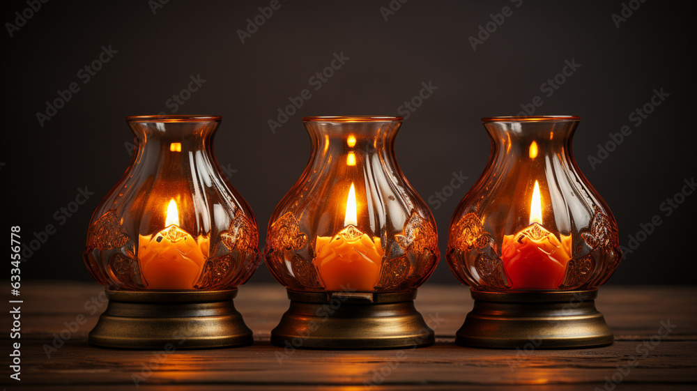 four burning candles with candlesticks on wooden table, on black background