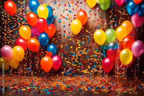 Beautiful happy birthday Background With Balloons, cake with candel and happy birthday texted on it - Generative AI