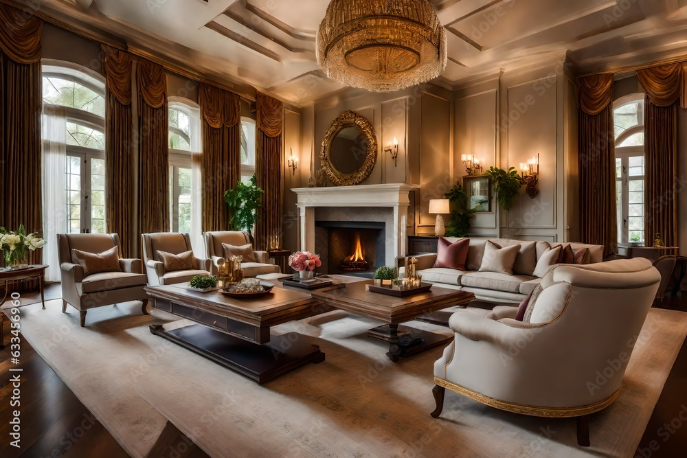Obraz premium Beautiful interior design, Luxury Interior with fireplace - Generative AI