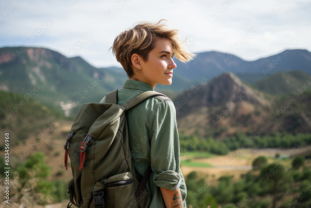 Young hipster girl enjoying the view in national park in Spain. Young backpacker tourist in solo travel. Vacation, holiday, trip