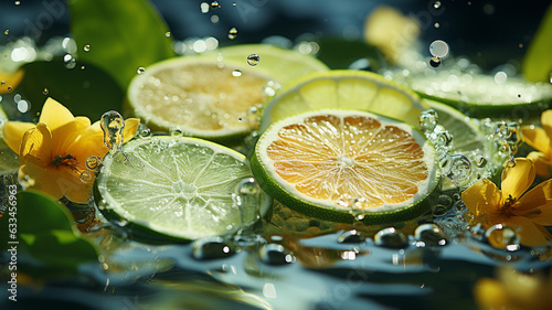 lemon with green leaves and ice on a black background.