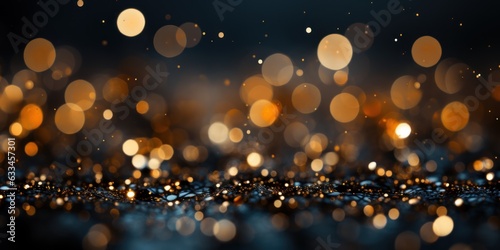 Black background with blurred effect, sparkling golden holiday design.