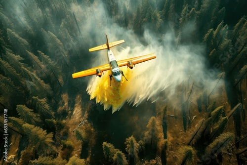 Rescue firefighting aircraft extinguish a forest fire by dumping water on a burning coniferous forest. Saving forests  fighting forest fires. Bird s-eye top view  pine forest backdrop. 3D rendering.