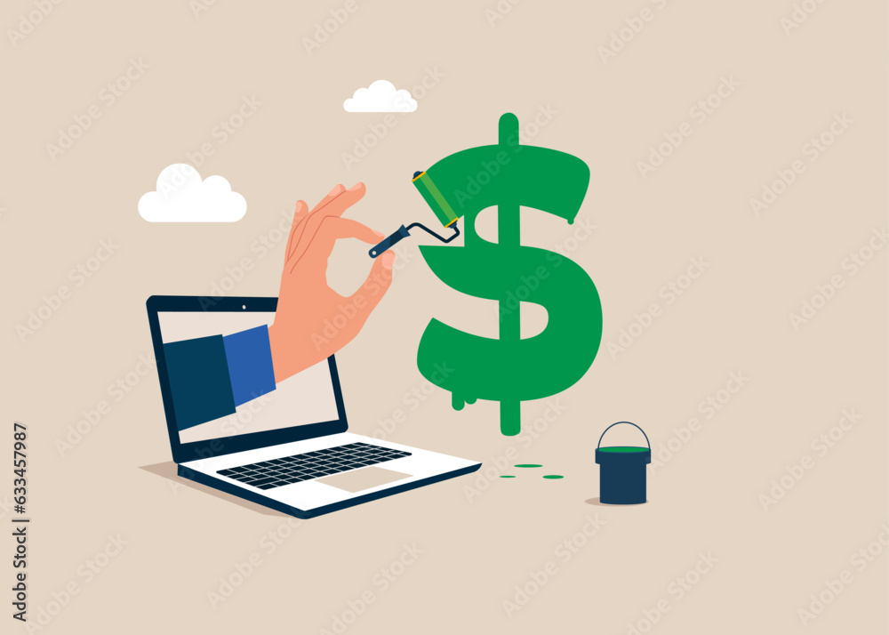 Hand human draws a dollar symbol with green paint and a brush close-up. Vector illustration. Hand human draws a dollar symbol with green paint and a brush close-up. Vector illustration.