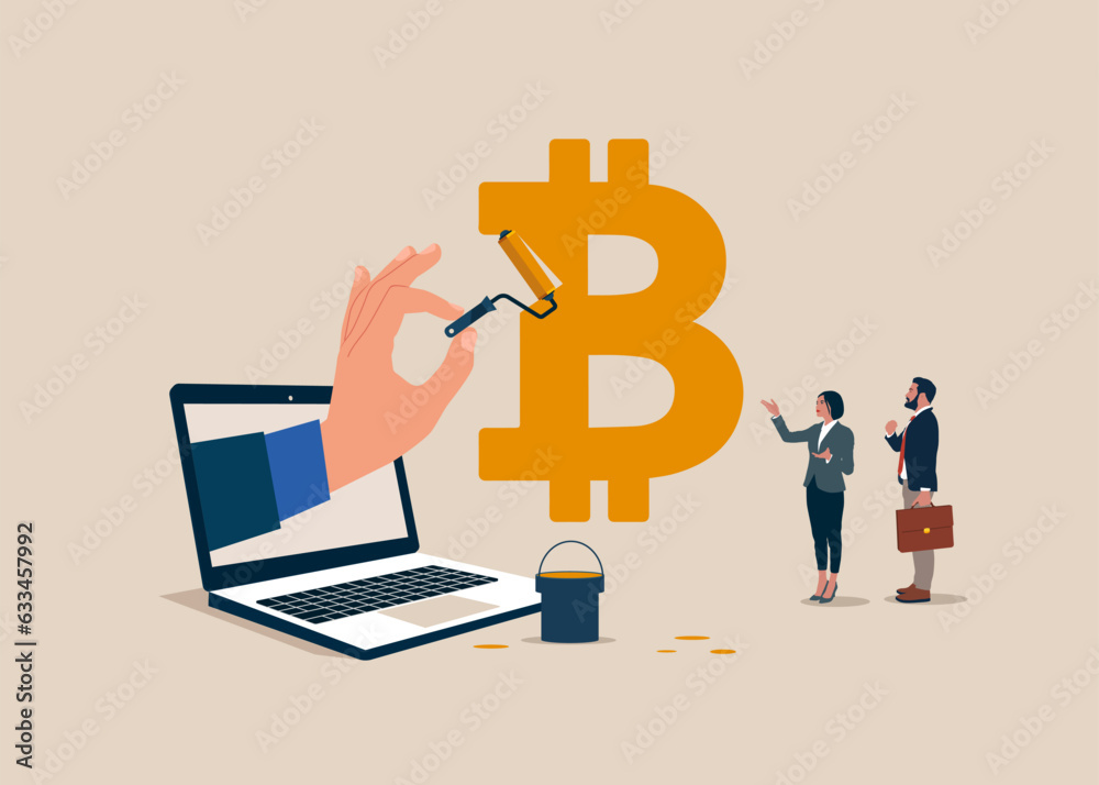 Hand human draws with yellow paint and a brush close-up. Vector illustration. Business people to paint a bitcoin symbol. Vector illustration