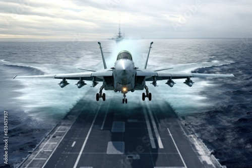 Front view of air force fighter landing on the deck of military aircraft carrier. Cloudy sky and warship fleet on the background. The interaction of the navy and aviation. 3D rendering.