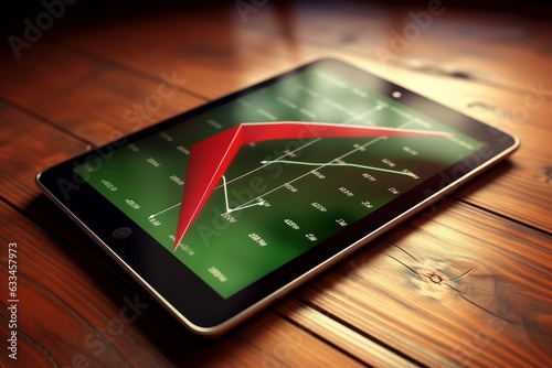 Tablet with financial rise and fall chart on wooden table. Red graph of financial market, energy prices, business and technology development. Financial analysis, results and forecasts. Template.
