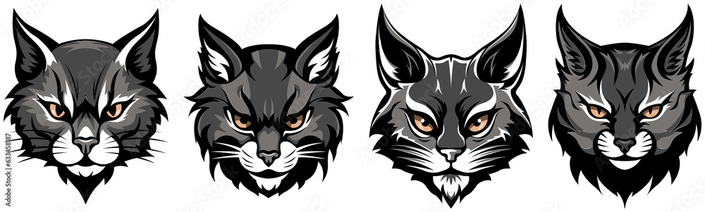 Heads of cats abstract character illustrations. Graphic logo of predator design template for emblem. Image of feline portraits. Heads of cats abstract character illustrations. Graphic logo of predator design template for emblem. Image of feline portraits.