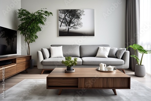 Stylish interior decor for the living room with gray sofa, wooden coffee table, and elegant accessories.