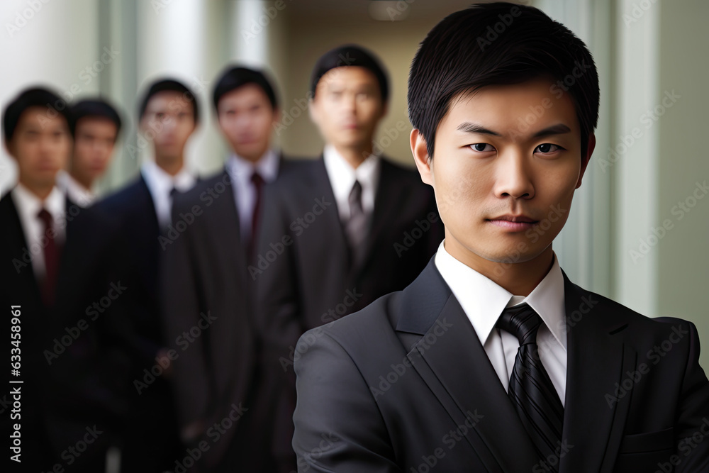 Portrait of a handsome, Asian businessman boss in a suit standing in his modern company office, with his workers standing in the blurry background. Generative AI. Portrait of a handsome, Asian businessman boss in a suit standing in his modern company office, with his workers standing in the blurry background. Generative AI.