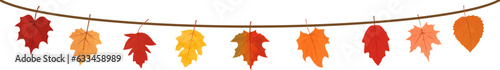 Aautumn leaves hanging on a string.Garland with a leaves.Autumn leaf border.Autumn leaves border frame.Autumn leaves seamless border.Horizontal border with colorful leaves. photo