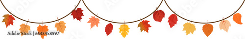 Aautumn leaves hanging on a string.Garland with a leaves.Autumn leaf border.Autumn leaves border frame.Autumn leaves seamless border.Horizontal border with colorful leaves.