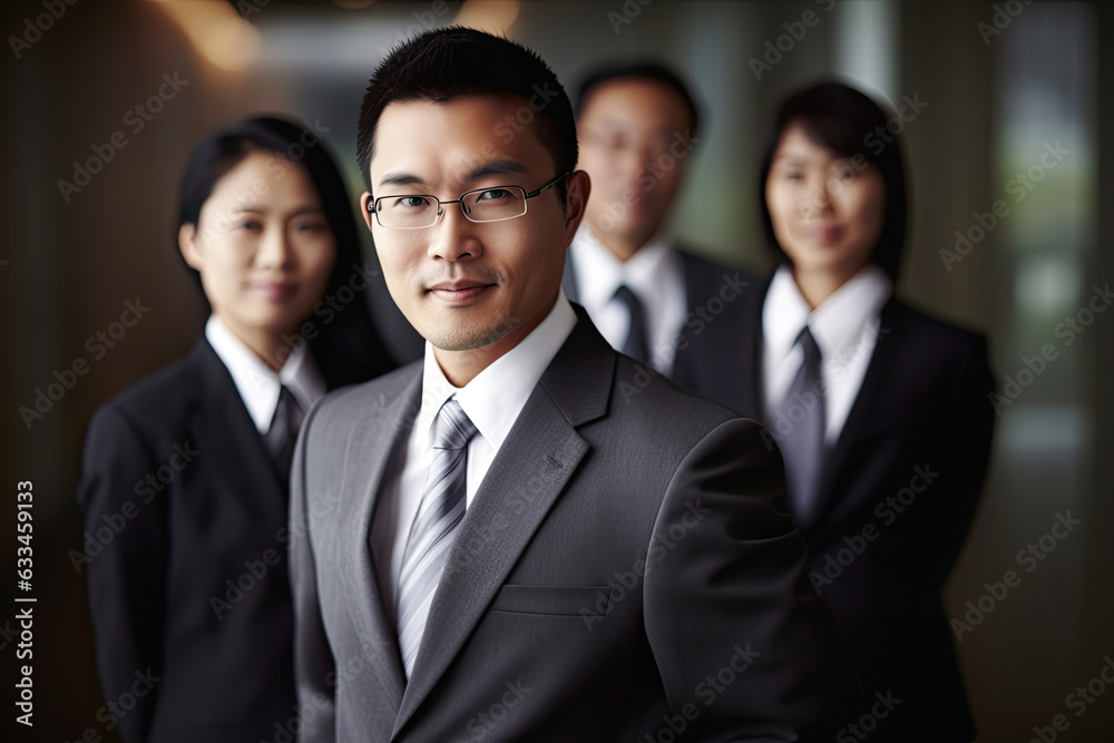 Portrait of a handsome, Asian businessman boss in a suit standing in his modern company office, with his workers standing in the blurry background. Generative AI. Portrait of a handsome, Asian businessman boss in a suit standing in his modern company office, with his workers standing in the blurry background. Generative AI.