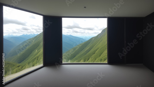 painted black wall empty room with window view through peak of the mountain - Generative AI