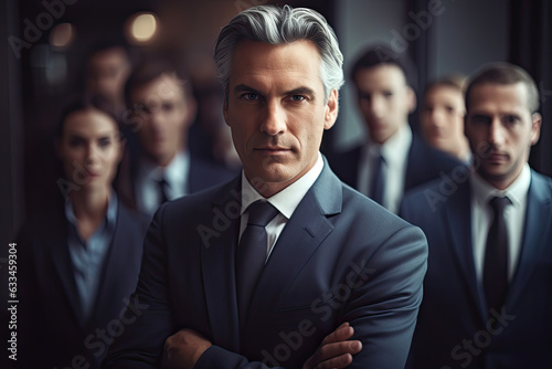 Portrait of a handsome american businessman boss in a suit standing in his modern business company office. his workers standing in the blurry background, generative ai