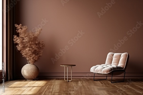 Minimalist home interior background, brown autumn concept, sofa, plant, window. created generative ai.